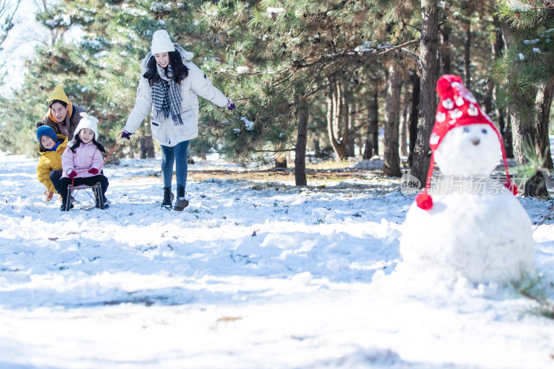 在雪地上玩雪橇的一家人