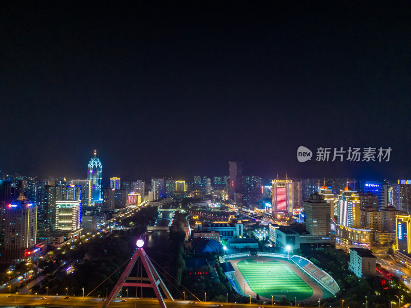 西宁中心广场昆仑桥夜景航拍