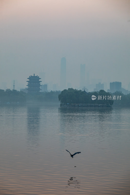 济南大明湖风景区雾色日出景点景观城市风光