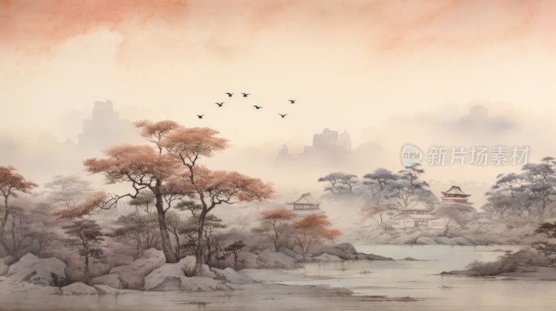 中国风工笔画山水画