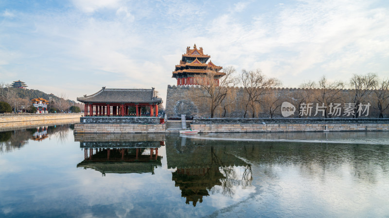 北京故宫角楼与护城河的宁静景致