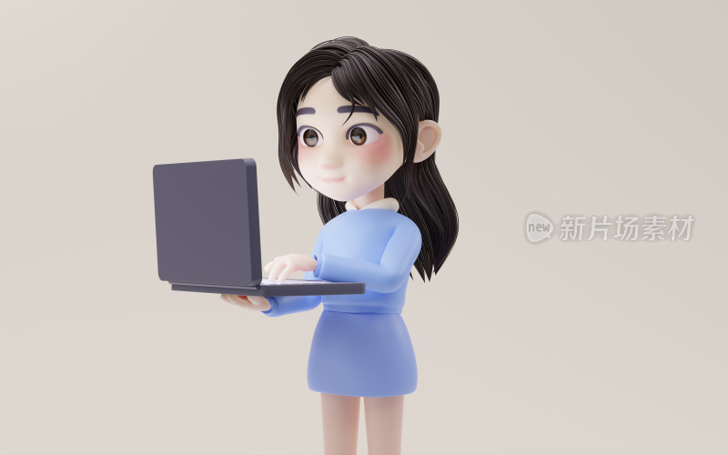 正在用电脑工作的卡通小女孩3D渲染