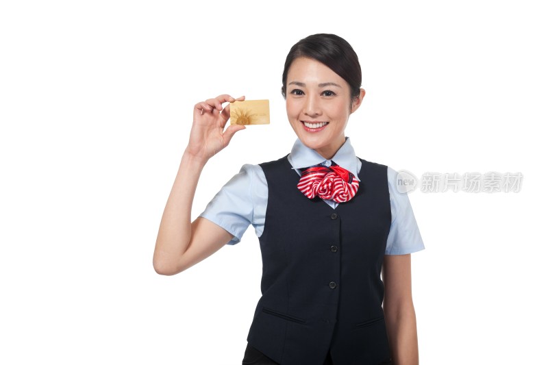 棚拍年轻女服务员展示银行卡