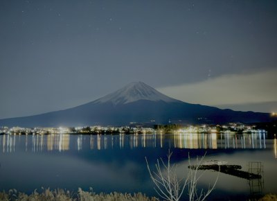 富士山夜景下的静谧湖泊倒影