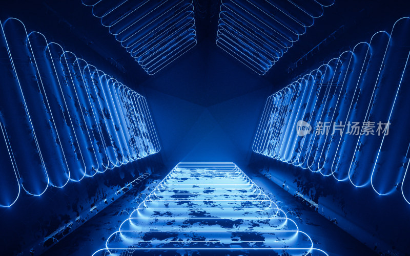 发光霓虹线条隧道3D渲染