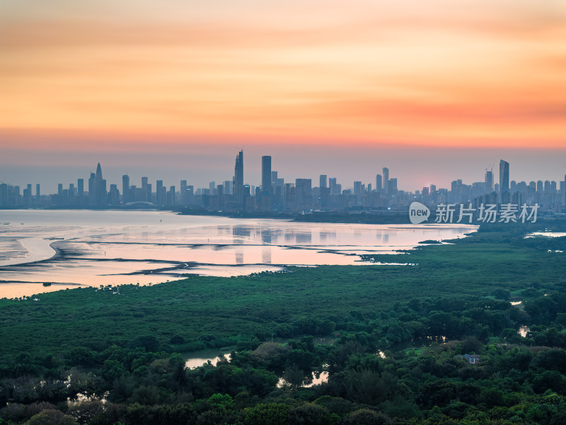 广东大湾区深圳前海湾涂滩日落城市夜景航拍