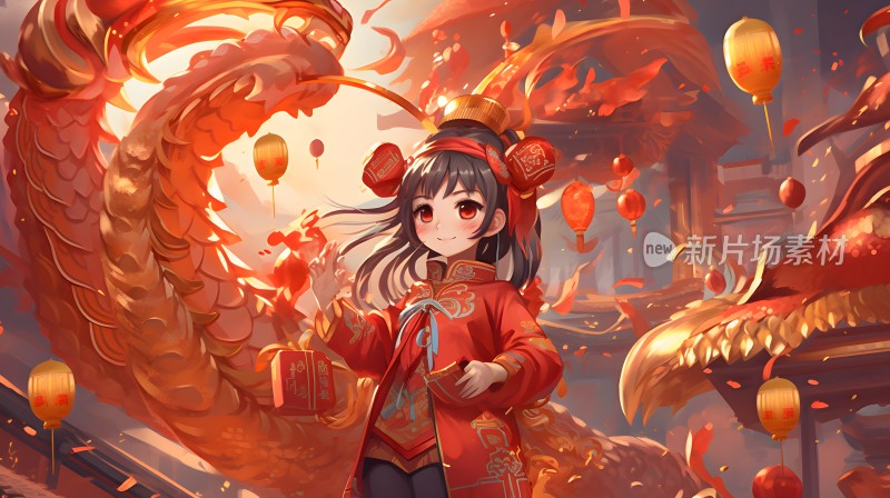 中国龙，少女，春节国风，插画