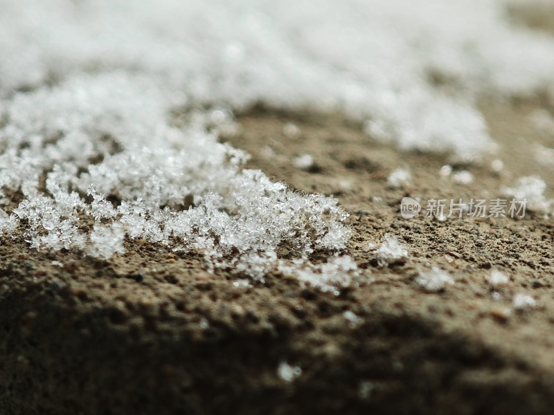 地面上晶莹剔透的雪花微距特写