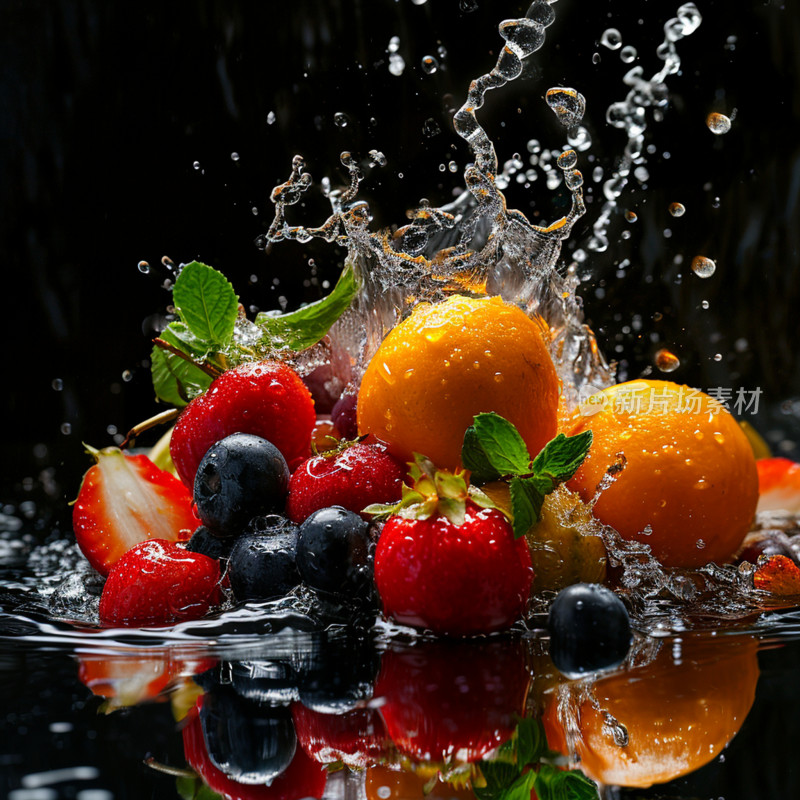 多彩水果入水溅起水花画面