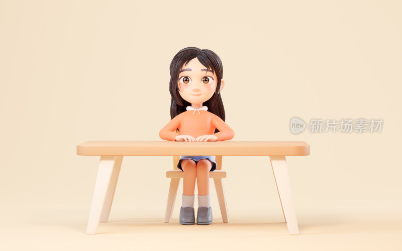 坐在桌前的卡通女孩3D渲染