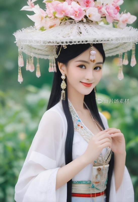 古风女子戴花帽微笑特写