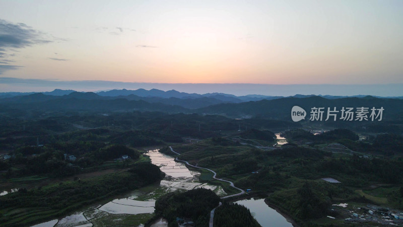 航拍山川农田日落晚霞