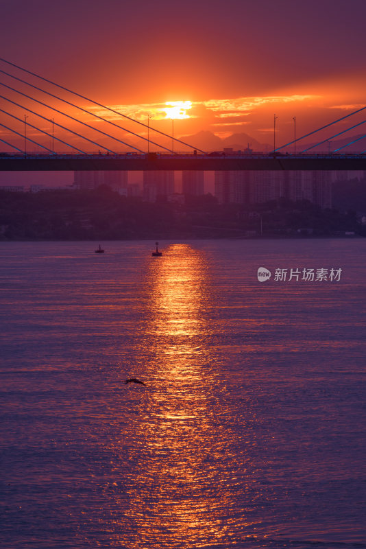 落日洒在长江江面的光影