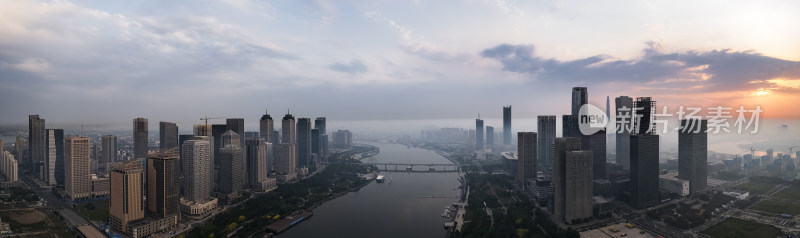 天津滨海海河响螺湾于家堡日出城市风光航拍