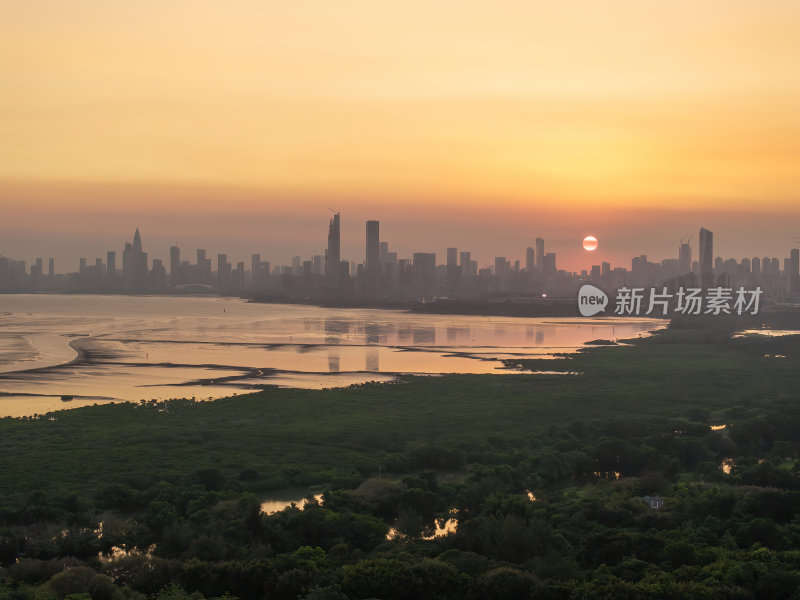 广东大湾区深圳前海湾涂滩日落城市夜景航拍