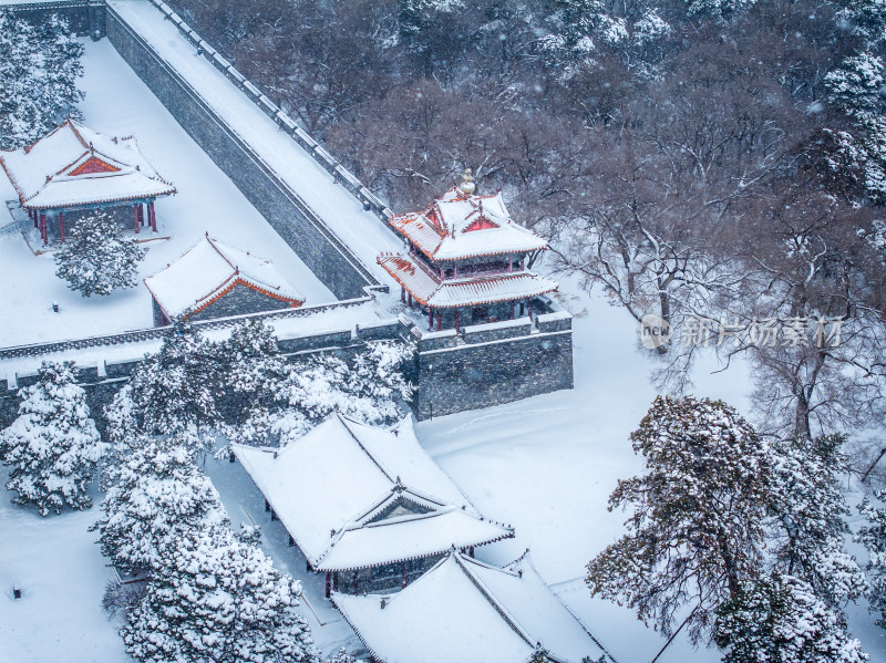 辽宁沈阳北陵公园清昭陵大雪中古建筑航拍