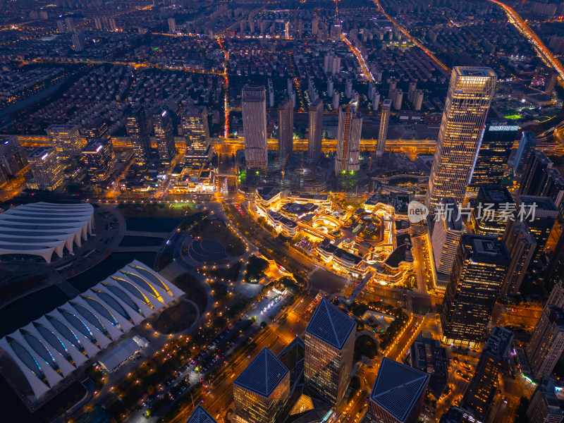 航拍上海前滩金融区夜景