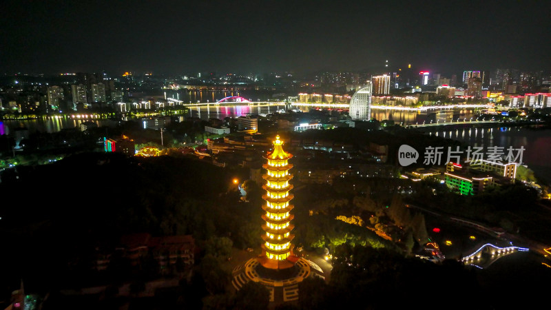 航拍湖北鄂州莲花山元明塔夜景