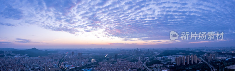 广州番禺城市建筑与火烧云晚霞航拍全景长图