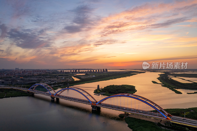 天津滨海生态城永定新河彩虹桥城市风光航拍