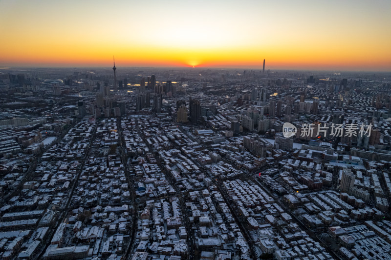 天津五大道文化旅游景区城市日落雪景风光