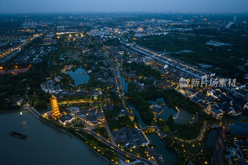 航拍水乡古镇乌镇夜景