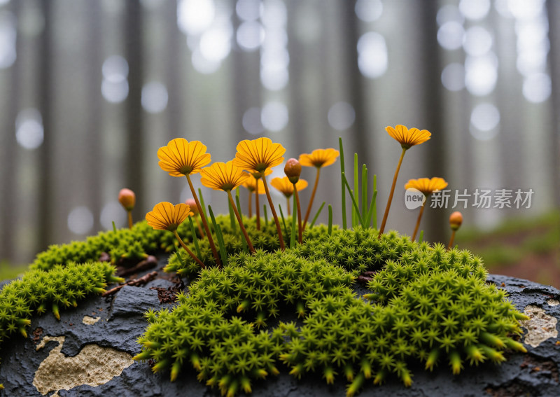 林间岩石上的苔藓与黄色小花