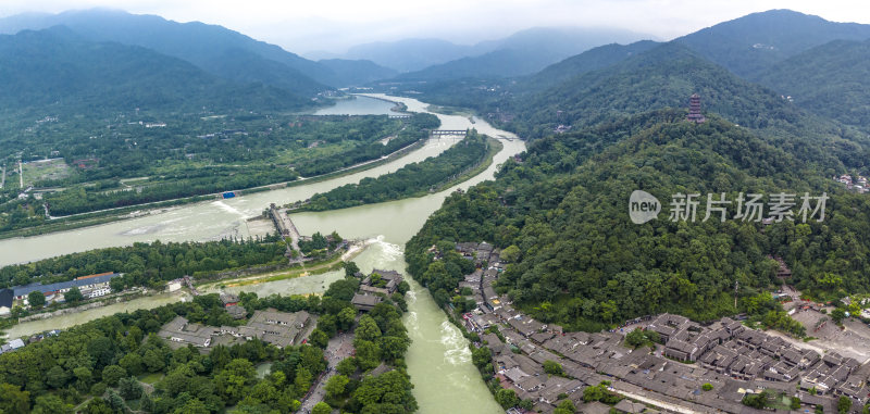 都江堰景区高视角全景航拍