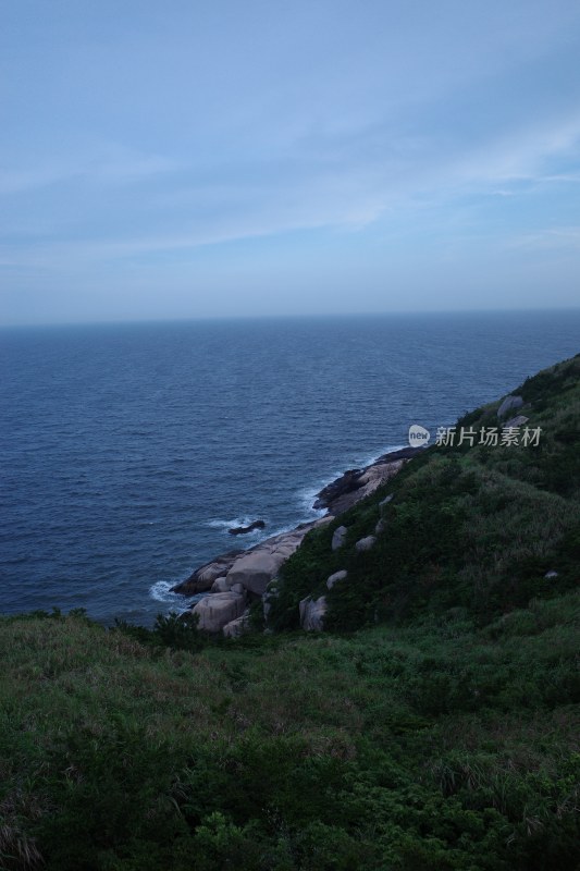 海边植被覆盖的岩石海岸景观