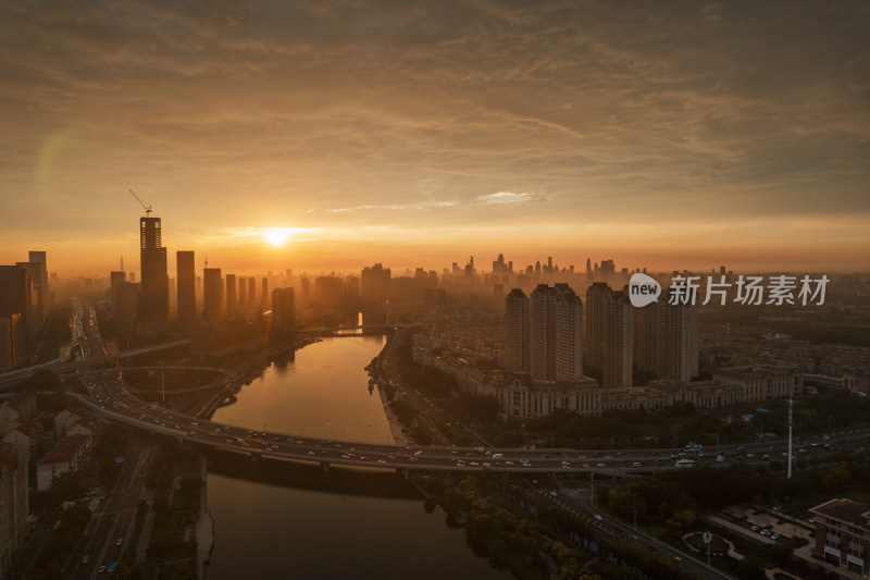 天津海河海津大桥交通城市夜景日落晚霞风光