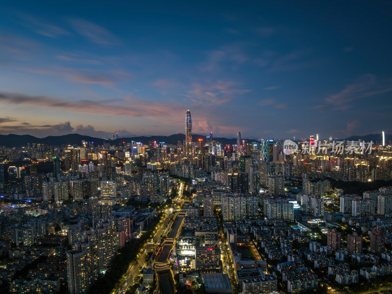 广东大湾区深圳前海湾涂滩日落城市夜景航拍