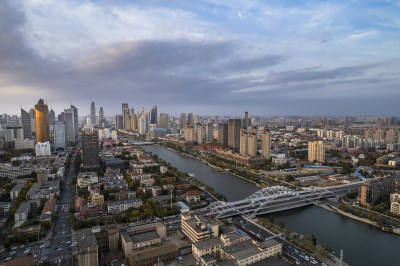 天津海河风景线小白楼商圈城市建筑日落风光