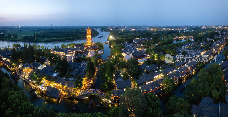 浙江嘉兴桐乡乌镇西栅景区江南水乡航拍夜景