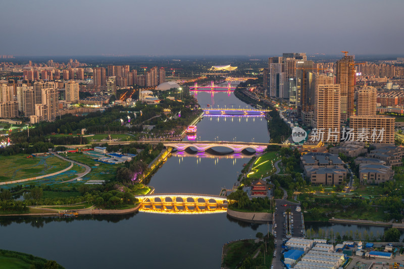 鸟瞰北京通州区北运河黄昏景色