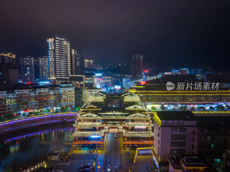 湖南怀化通道廊桥通道风雨桥夜景航拍