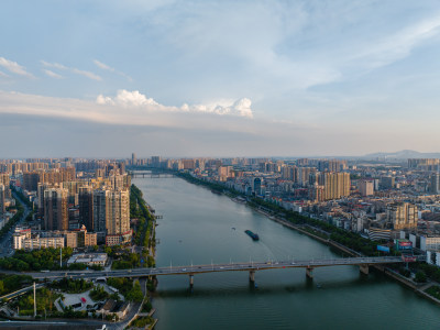 日落 航拍湖南衡阳石鼓区湘江两岸城市建筑