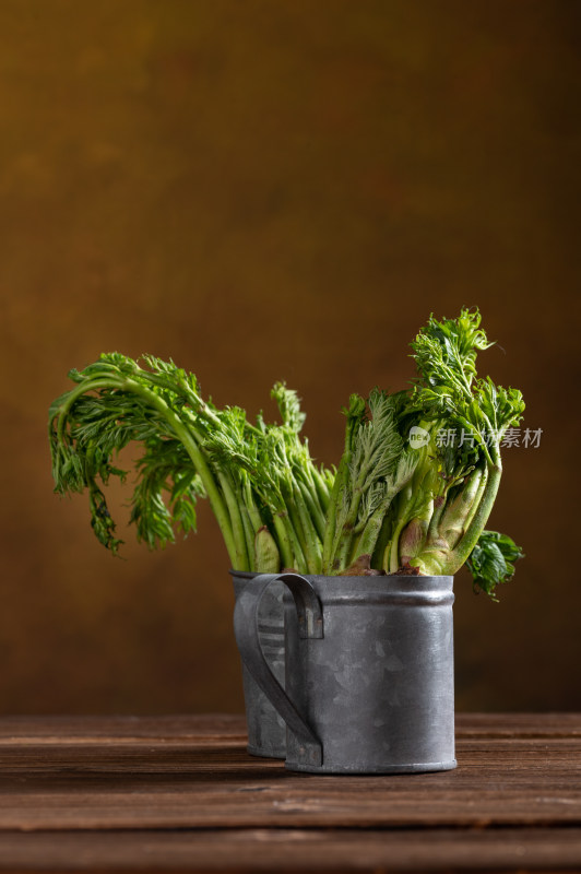 木桌上的新鲜山野菜