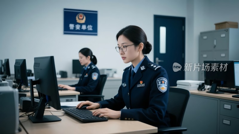 公安民警办公室电脑前专注工作场景背景图