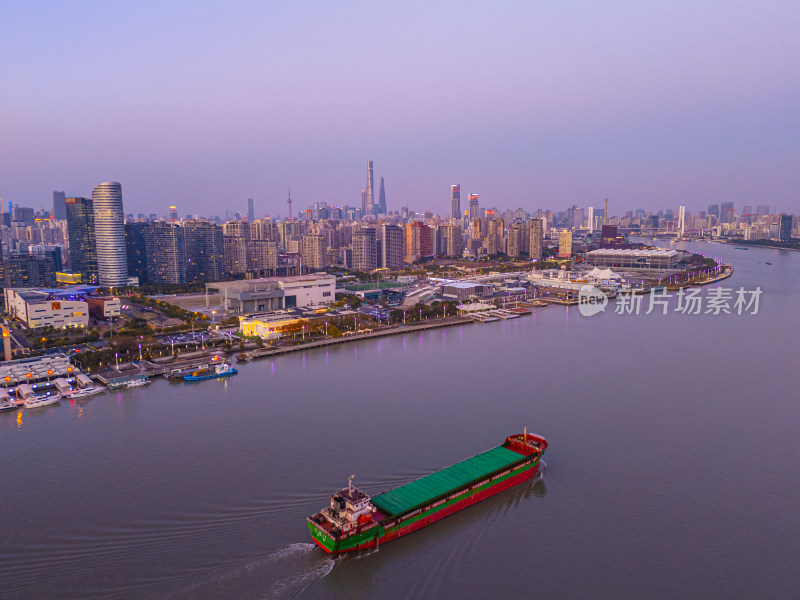 航拍上海黄浦江江畔日落美景