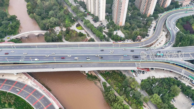 西宁朝阳互通立交桥交通航拍图