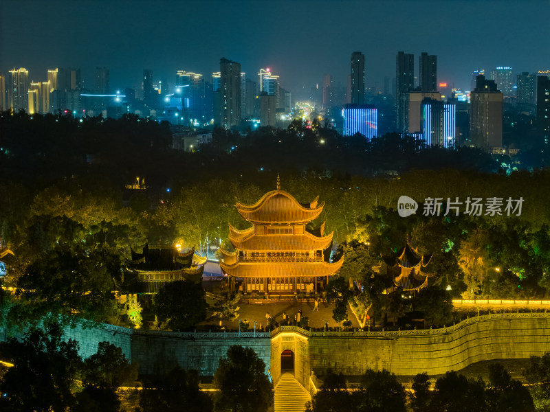 湖南岳阳楼景区岳阳楼夜景航拍