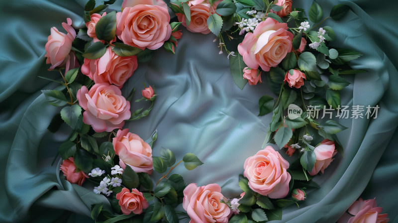 粉红色的玫瑰花朵铺陈在柔滑的绸缎之上