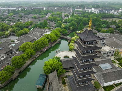 航拍江南水乡古镇乌镇全景