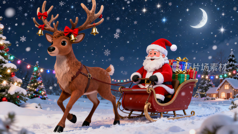 圣诞老人乘驯鹿雪橇送礼物