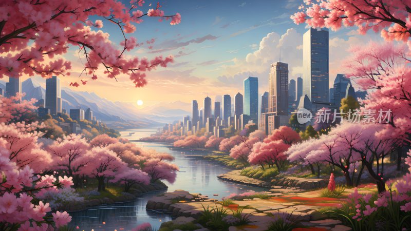 春天樱花桃花盛开的城市公园