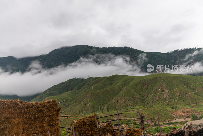 云雾缭绕下的草原山峰