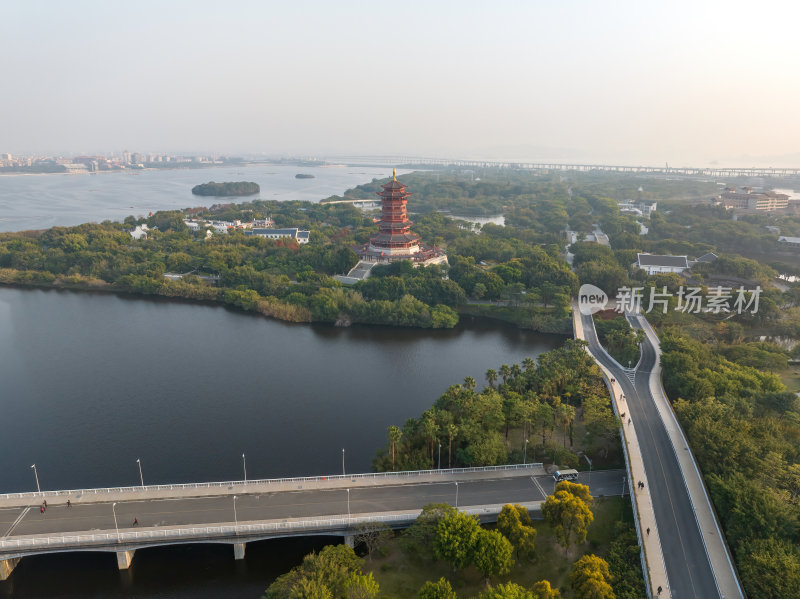 福建厦门集美水月广场杏林阁日落夜景航拍