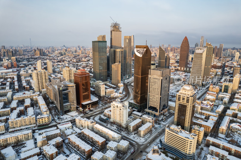 天津海河直沽桥小白楼商圈城市建筑雪景风光