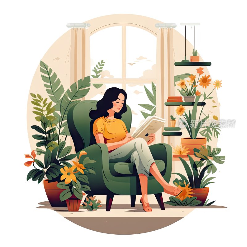 平面卡通插图，坐在沙发上看书的女人