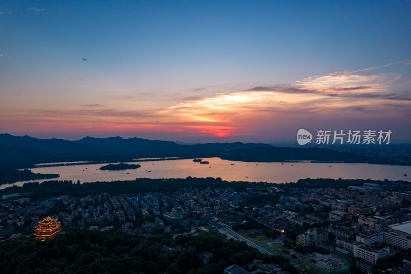 杭州西湖日落晚霞航拍摄影图
